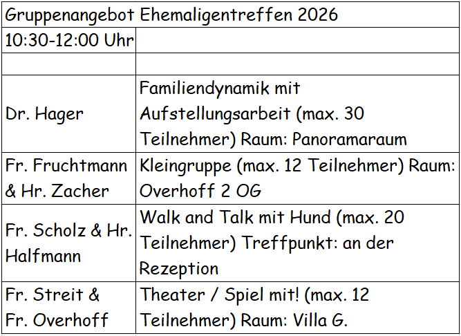 Verschiedene Gruppenangebote Ehemaligentreffen