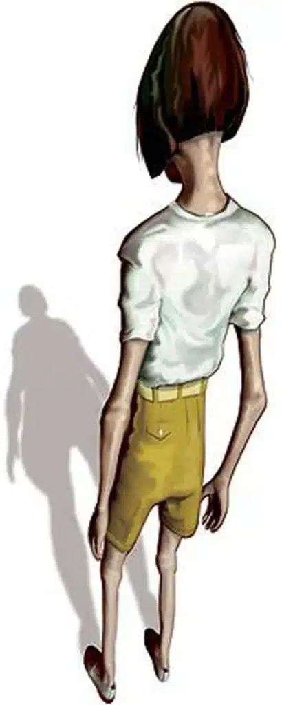 Illustration einer extrem schlanken Person mit verzerrter Körperwahrnehmung – Symbolbild für Anorexie, verwendet auf der Website einer Magersucht Klinik.